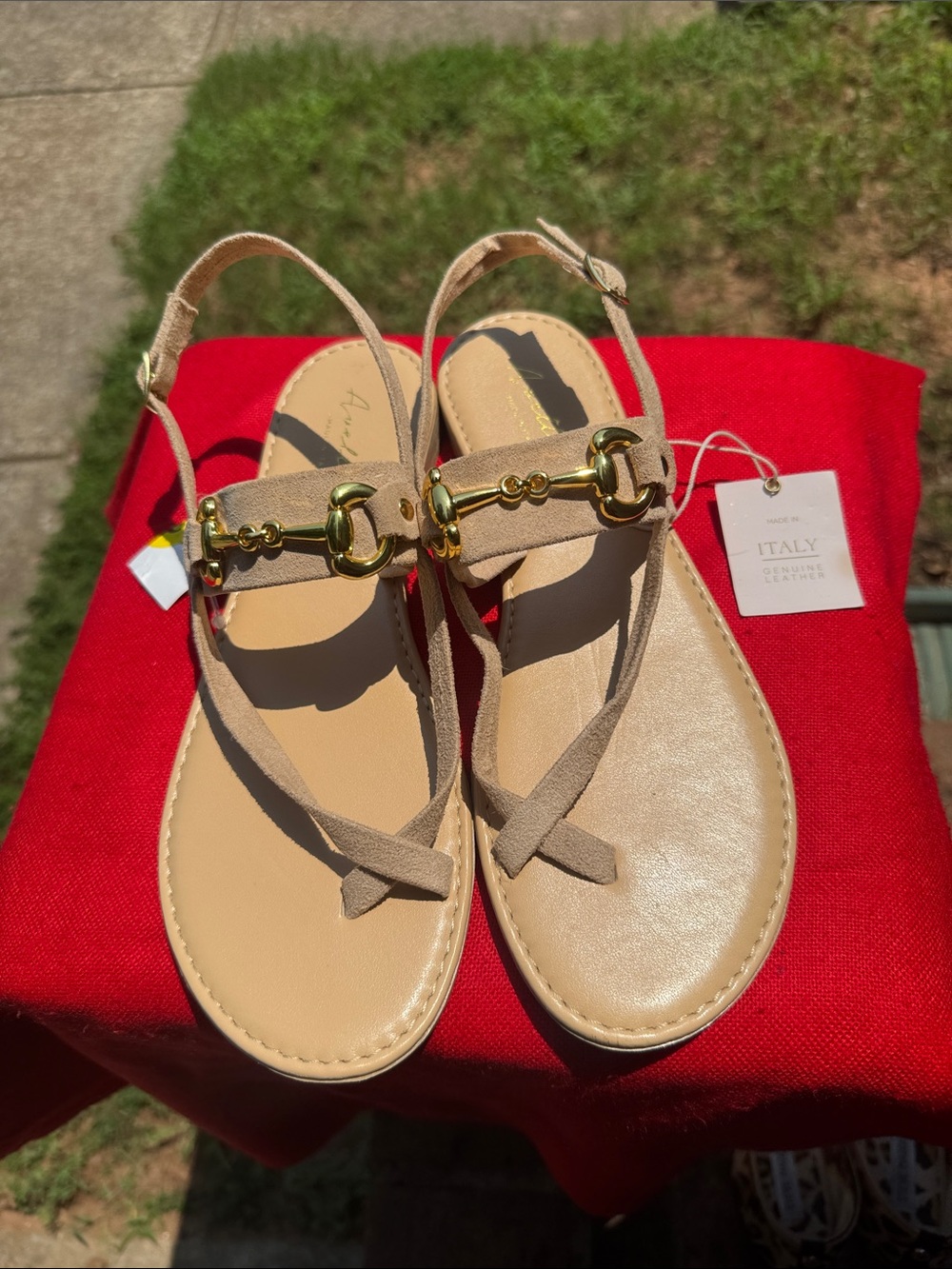 Ancient Greek Sandals Beige T-Strap Slingback with Gold Hardware